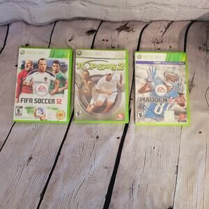 FIFA Soccer 12, TopSpins 2, and Madden 13 for Xbox 360 with cases and manuals